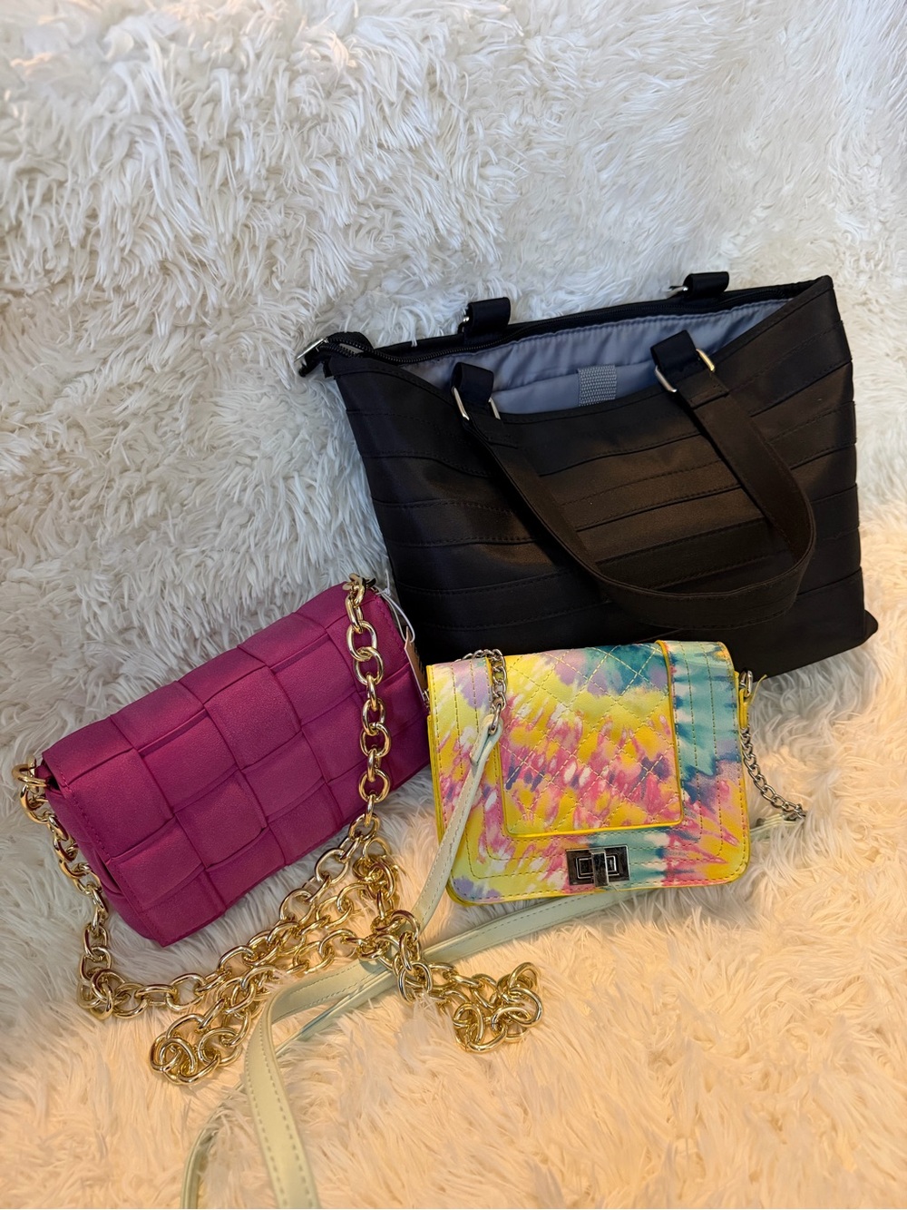 SET OF 3 Bags, Medium Black Tote + Pink Woven Crossbody + Multicolor Crossbody